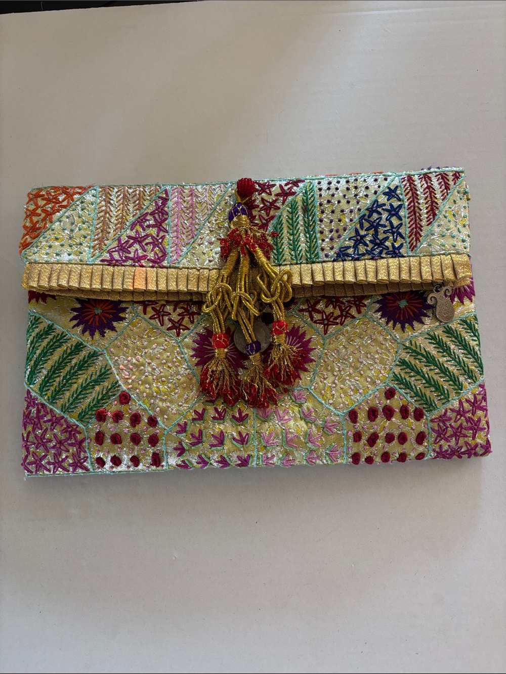 Noonday Embroidered Multicolor Tassel Clutch Bag